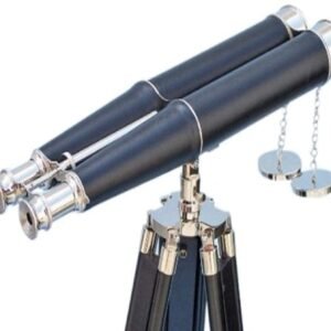 62" Floor Standing Admiral's Binoculars – Chrome Finish with Black Leather & Wooden Tripod
