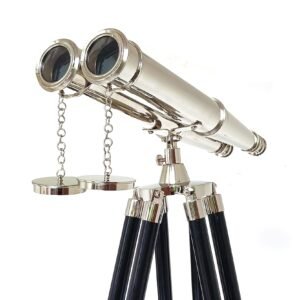 62" Floor Standing Admiral's Binoculars – Silver Nickel Finish Nautical Decor with Wooden Tripod