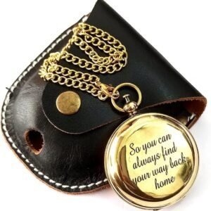Engraved Brass Pocket Compass with Chain & Leather Case – 2" Push-Button Directional Compass