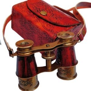 Compact Antique Brass Binoculars 3" – Red Leather Vintage Nautical Decor Accent (Display Only)