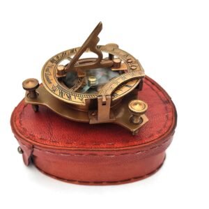 Vintage Brass Sundial Compass 3" with Leather Case – Antique Compass for Hiking, Camping & Travel