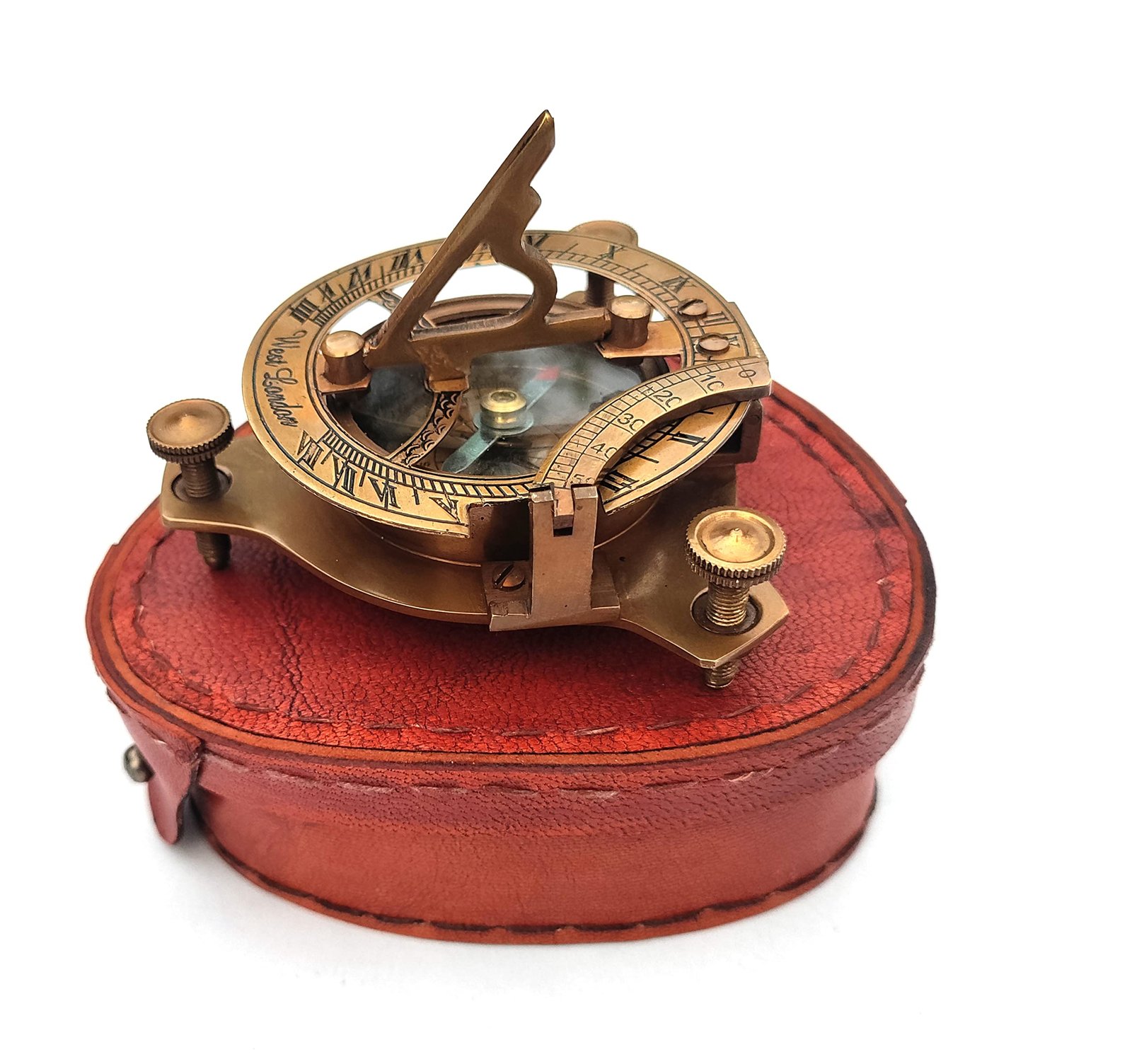 Vintage Brass Sundial Compass 3" with Leather Case – Antique Compass for Hiking, Camping & Travel