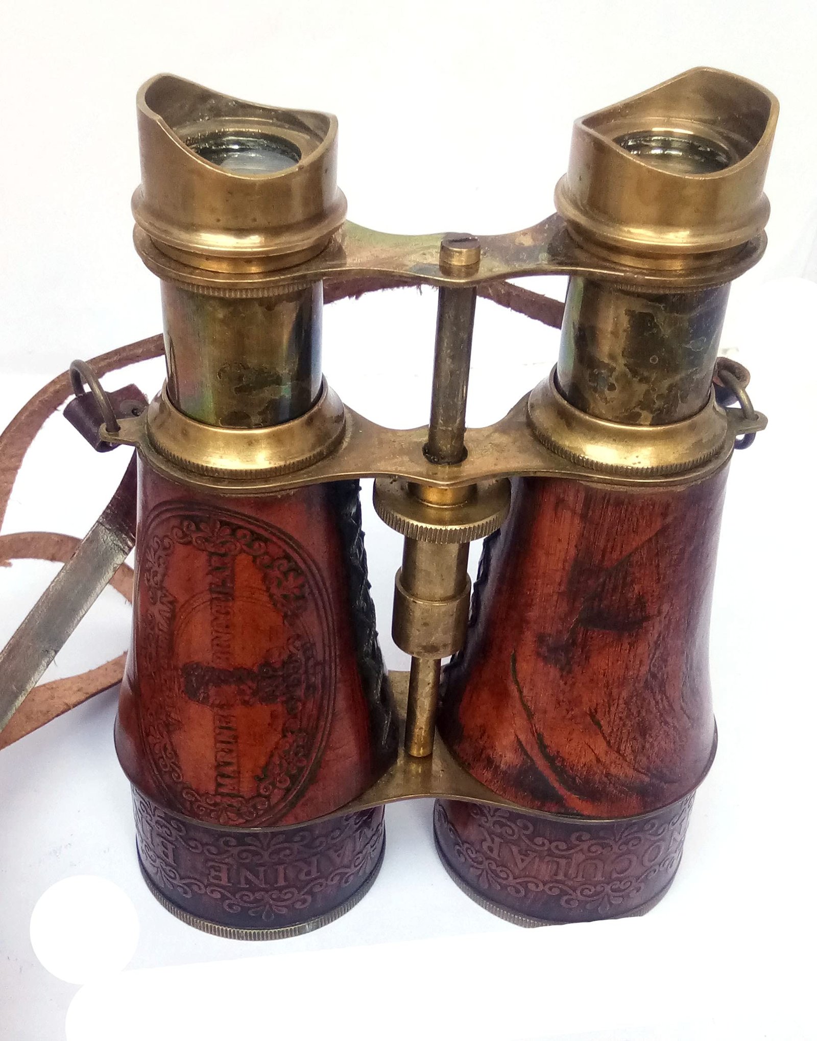 Antique Brass Binoculars 6" with Red Leather Strap – 15x Marine & Hunting Binoculars for Adults