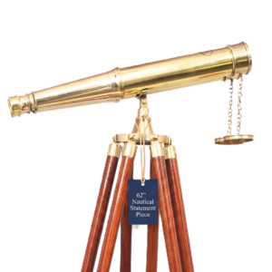 Solid brass floor standing telescope on wooden tripod with 12x magnification, 40mm lens, manual focus — nautical decor